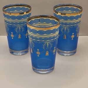 Set of 3 Vintage French Blue Glass Tumblers Gold Gilt Made in France